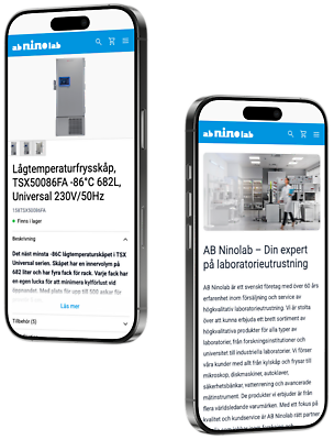 Mockup av två mobiler med Ninolabs nya webbshop på skärmarna.